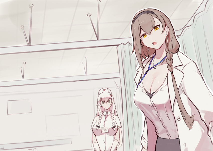 0_0 2girls :o azur_lane bad_id bad_pixiv_id black_bra black_hairband bow bra bra_peek braid braided_ponytail breasts brown_hair ceiling cleavage closed_mouth coat commentary cowboy_shot curtains doctor dress eagle_(azur_lane) eagle_(eagle's_clinic)_(azur_lane) earrings english_commentary engrish_commentary gloves hair_between_eyes hair_ornament hair_over_shoulder hairband hairbow hat hermione_(azur_lane) hermione_(pure_white_angel)_(azur_lane) id_card indoors infirmary jewelry lab_coat lanyard large_breasts long_hair looking_at_viewer marshall_k meme metal_gear_(series) metal_gear_solid_v:_the_phantom_pain multiple_girls necklace nine_years_in_a_coma_(meme) nurse nurse_cap official_alternate_costume open_mouth parody pov scene_reference shirt short_sleeves sidelocks skirt standing twin_braids underwear white_coat white_dress white_gloves white_hair white_headwear white_shirt x_hair_ornament yellow_eyes