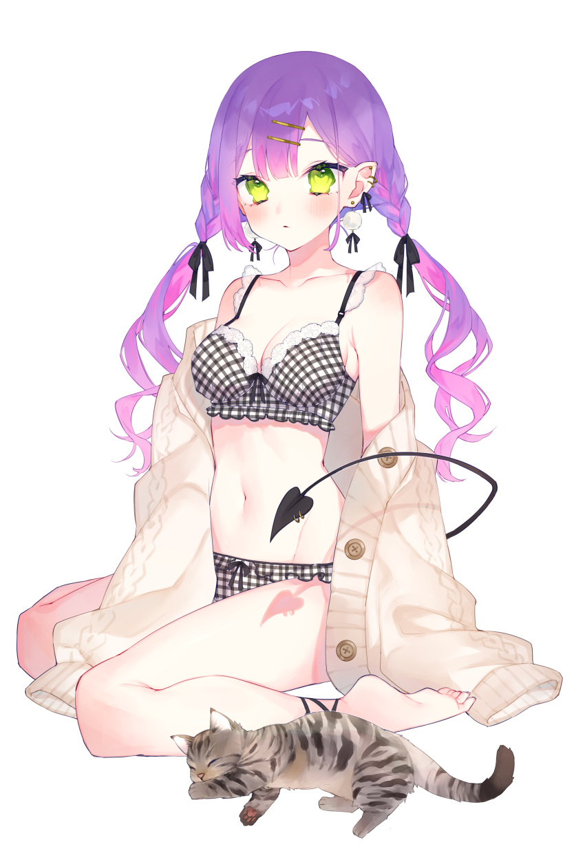 :o absurdres alternate_costume ankle_strap barefoot beige_cardigan black_bow black_ribbon blunt_bangs blush bow bow_bra bow_panties bra breasts cardigan checkered_bra checkered_clothes checkered_panties chiyomaru_(yumichiyo0606) collarbone colored_inner_hair drill_hair earrings feline female green_eyes hair_ornament hair_ribbon hairclip highres hololive jewelry kotaro_(tokoyami_towa) lace-trimmed_bra lace_trim long_hair long_sleeves looking_at_viewer multicolored_hair navel open_cardigan open_clothes open_mouth panties pink_hair purple_hair ribbon simple_background sitting small_breasts soles tail tokoyami_towa twin_drills twintails two-tone_hair underwear virtual_youtuber wariza white_background