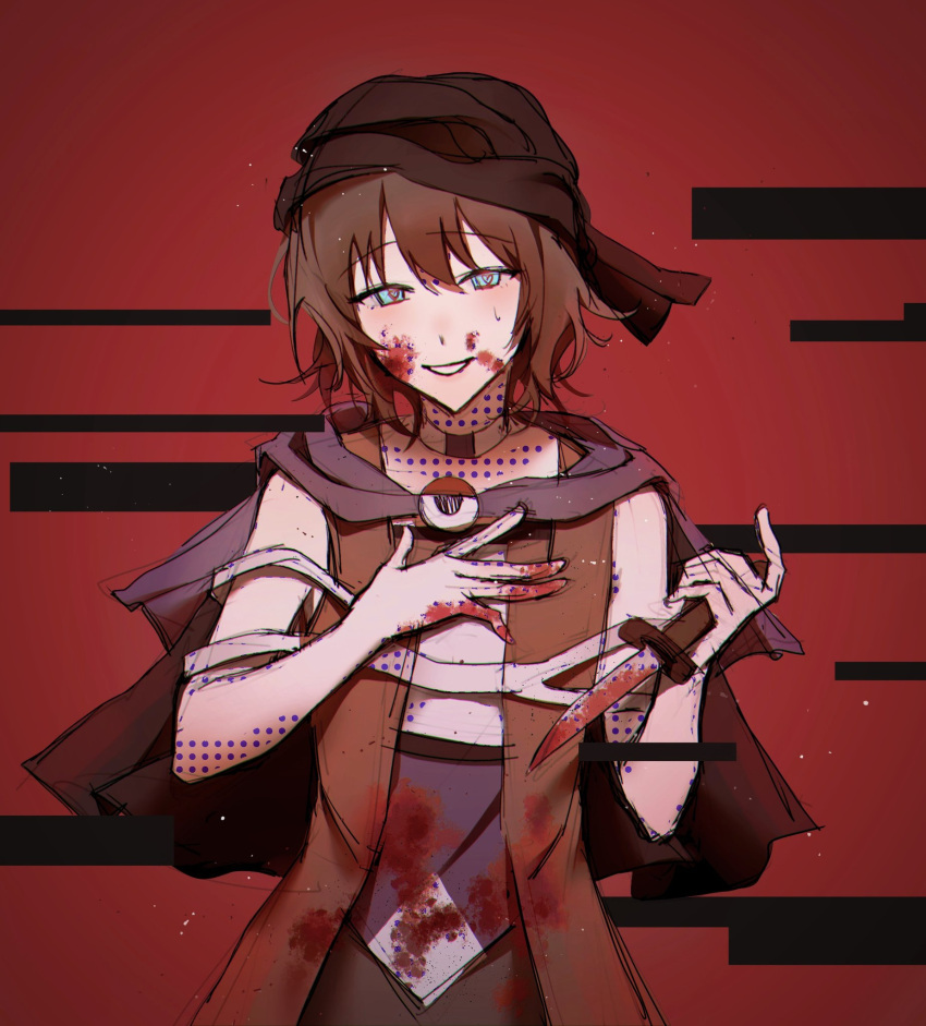 1other androgynous bandeau black_bandeau black_cape blood blood_on_clothes blood_on_face blood_on_hands blood_on_knife blue_eyes brown_hair cape choker cine_hamal english_commentary eye_of_senri glitch half-closed_eyes hand_on_own_chest heart heart_in_eye highres holding holding_knife jacket knife komatsu2536 kuzu_suzumi len'en open_clothes open_jacket open_mouth orange_jacket other_focus purple_scarf purple_shirt red_background scarf shirt short_hair sleeveless sleeveless_jacket sleeveless_shirt smile solo sweatdrop symbol_in_eye teeth two-tone_shirt upper_body white_choker white_shirt