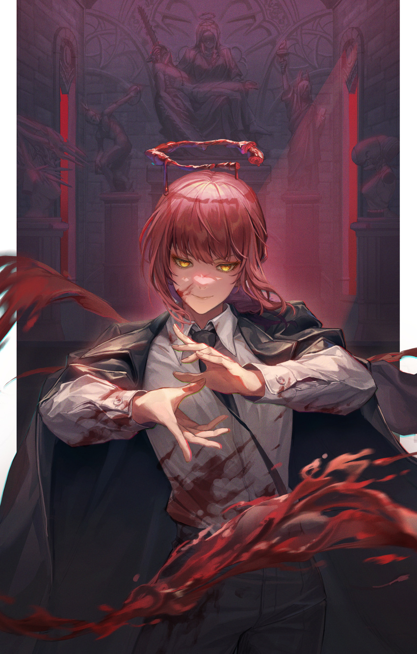 absurdres black_coat black_necktie black_pants blood blood_drip blood_halo blood_on_clothes blood_on_face bomb_devil_(chainsaw_man) braid braided_ponytail chainsaw chainsaw_man church coat coat_on_shoulders collared_shirt cowboy_shot crossbow_devil_(chainsaw_man) denji_(chainsaw_man) discobolus english_commentary f.k_(hs225kr) female halo hayakawa_aki hemokinesis highres liquid_halo looking_at_viewer makima_(chainsaw_man) medium_hair necktie nude pants pieta power_(chainsaw_man) red_hair red_halo ringed_eyes robe shirt shirt_tucked_in sidelocks solo statue_of_liberty topless_male white_shirt yellow_eyes