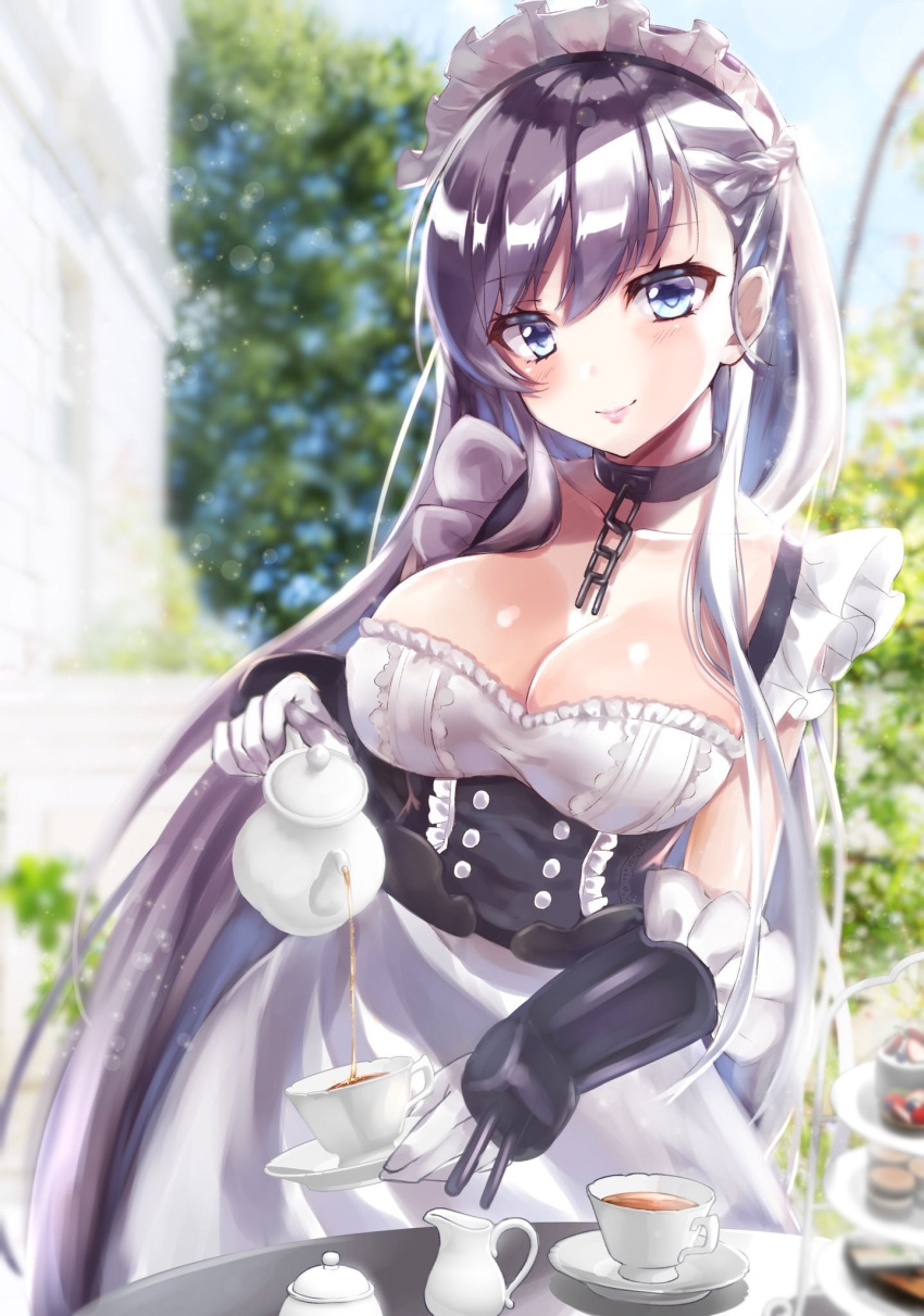 azur_lane bad_id bad_pixiv_id belfast_(azur_lane) blue_eyes blush braid breasts bush chains cleavage cup dress female french_braid gloves grey_hair highres honoka_chiffon large_breasts long_hair looking_at_viewer maid maid_headdress smile solo table teacup tree turret white_gloves white_hair