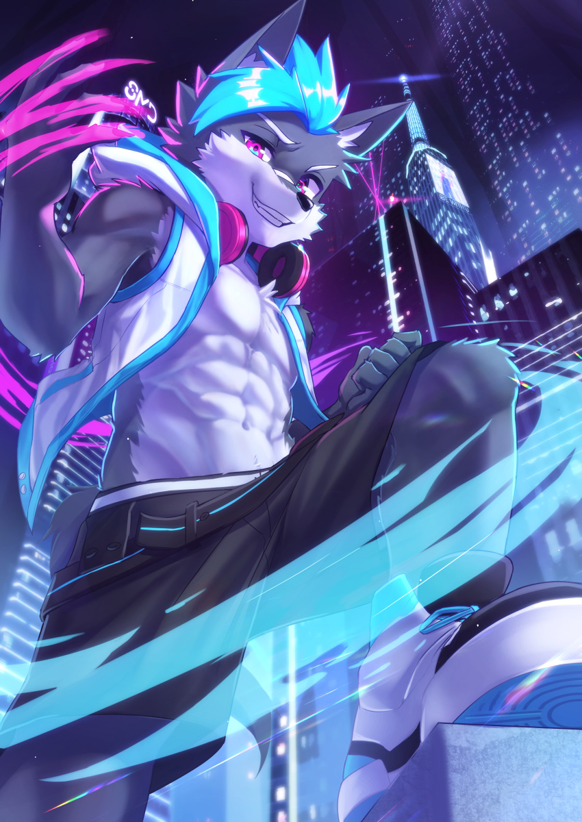 2020 abs absurd_res adolescent anthro band-aid bandage blue_hair canid canine cheek_tuft chest_tuft clothed clothing electronics facial_tuft footwear hair hald_(manadezimon) headphones hi_res inner_ear_fluff kemono male mammal manadezimon muscular muscular_anthro muscular_male muscular_young night open_clothing open_topwear open_vest pecs shoes smile solo topwear tuft vest young young_anthro