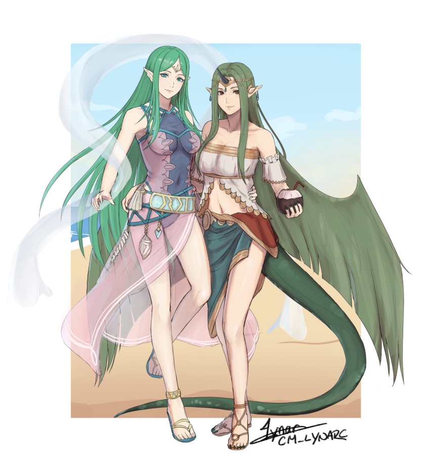 2girls alternate_costume beach bikini blue_sky breasts casual_one-piece_swimsuit cm_lynarc collarbone dragon_tail english_commentary fire_emblem fire_emblem_awakening fire_emblem_echoes:_shadows_of_valentia full_body green_eyes green_hair highres looking_at_viewer mila_(fire_emblem) multiple_girls naga_(fire_emblem) navel one-piece_swimsuit pointy_ears sandals see-through see-through_shawl shawl sky stomach swimsuit tail