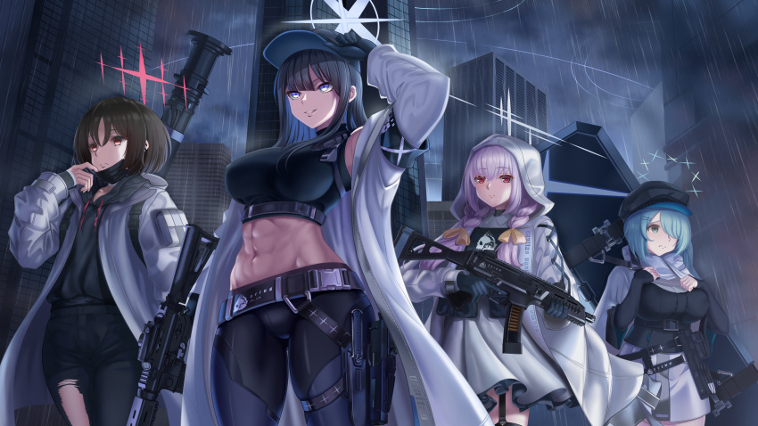 4girls abs absurdres arius_squad_(blue_archive) arm_up armband assault_rifle atsuko_(blue_archive) bandaged_neck bandages bare_shoulders baseball_cap belt belt_pouch black_belt black_gloves black_hair black_headwear black_hoodie black_mask black_pants black_shirt black_sweater black_thighhighs blue_archive blue_eyes bow braid breasts buckle building bulletproof_vest cabbie_hat cape chest_harness closed_mouth coat commentary_request cowboy_shot crop_top cross-laced_clothes cross-laced_sleeves cz_scorpion_evo_3 dress ear_piercing fim-92_stinger garter_straps gloves green_eyes green_hair groin gun hair_ornament hair_over_one_eye hairbow hairclip halo harness harold_japan hat highres hiyori_(blue_archive) holding holding_gun holding_weapon holster hood hood_down hood_up hooded_coat hoodie jacket knife knife_sheath large_breasts long_hair long_sleeves low_twin_braids mask mask_pull midriff misaki_(blue_archive) mouth_mask multiple_girls navel no_mask outdoors pants parted_lips piercing pink_hair pouch rain red_eyes rifle rocket_launcher saori_(blue_archive) scarf scope sheath shirt short_hair side_ponytail sidelocks sig_516 sig_sauer skirt skyscraper sleeveless sleeveless_shirt smile snap-fit_buckle standing stomach submachine_gun surgical_mask sweater thigh_holster thighhighs torn_clothes torn_pants trigger_discipline twin_braids underbust weapon weapon_case white_cape white_coat white_dress white_scarf white_skirt