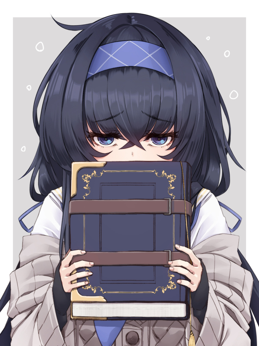 black_hair blue_archive blue_eyes blue_hairband blue_neckerchief blush book breasts cardigan crossed_bangs female fingernails grey_cardigan hairband hayama_kazusa highres holding holding_book long_hair long_sleeves looking_at_viewer low_twintails neckerchief sailor_collar sleeves_past_wrists solo twintails ui_(blue_archive) white_sailor_collar