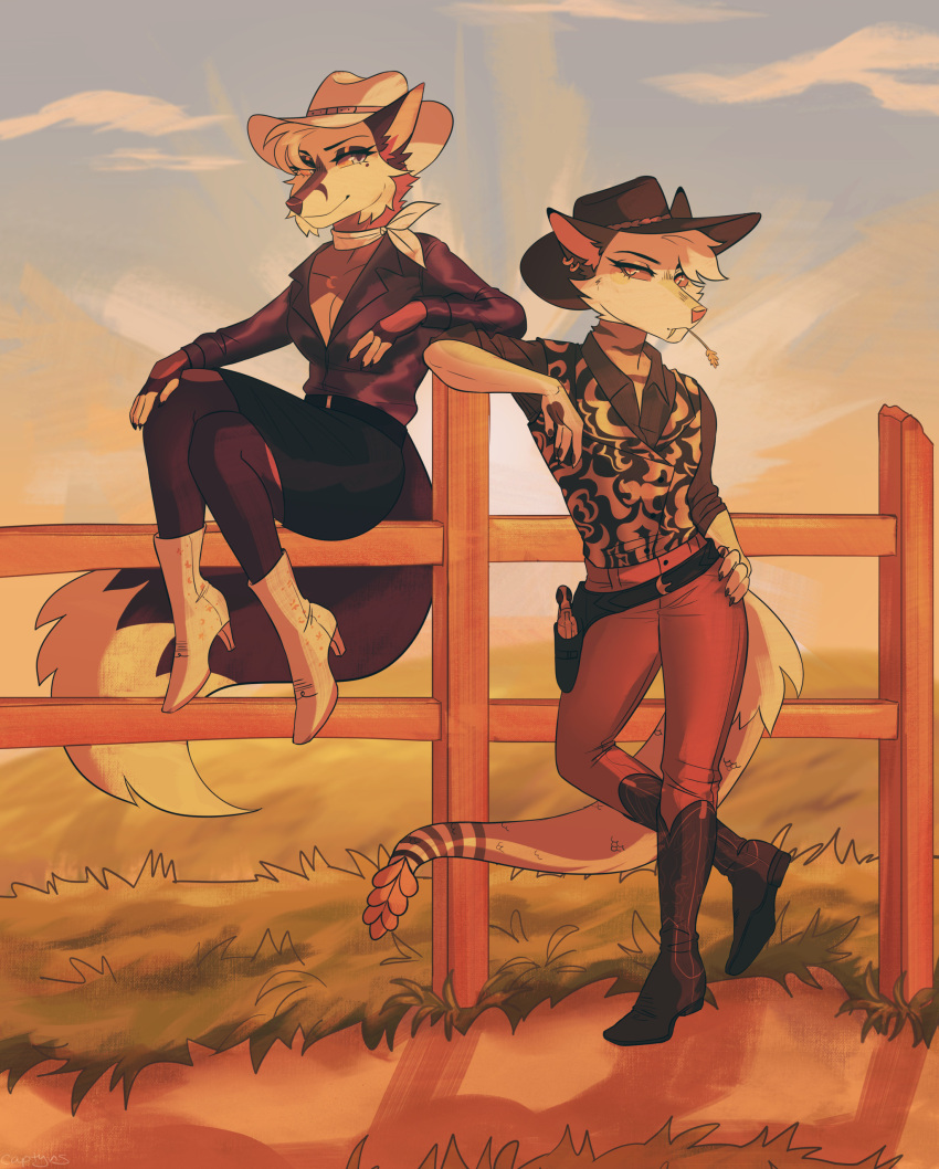 absurd_res anthro black_sclera boots breasts brown_body brown_fur canid canine captyns cleavage clothed clothing countryside cowboy cowboy_boots cowboy_hat cowboy_outfit cowgirl_boots cowgirl_outfit crescent_(shape) crescent_moon crescent_moon_(marking) dress_shirt duo ear_piercing eliza_(captyns) evening female fence fingerless_(marking) fingerless_gloves_(marking) flight_attendant_scarf footwear fur gloves_(marking) grass gun handgun hat headgear headwear hi_res holster hybrid mammal markings moon moon_(marking) orange_light outside piercing pit_viper plant pose ranged_weapon rattlesnake reptile rolled_up_sleeves rural scalie shirt sibling silver_(captyns) sitting sitting_on_fence sky slight_smile snaggle_tooth snake standing striped_body striped_fur striped_markings stripes sun tomboy topwear vest viper weapon wheat_in_mouth white_body white_fur