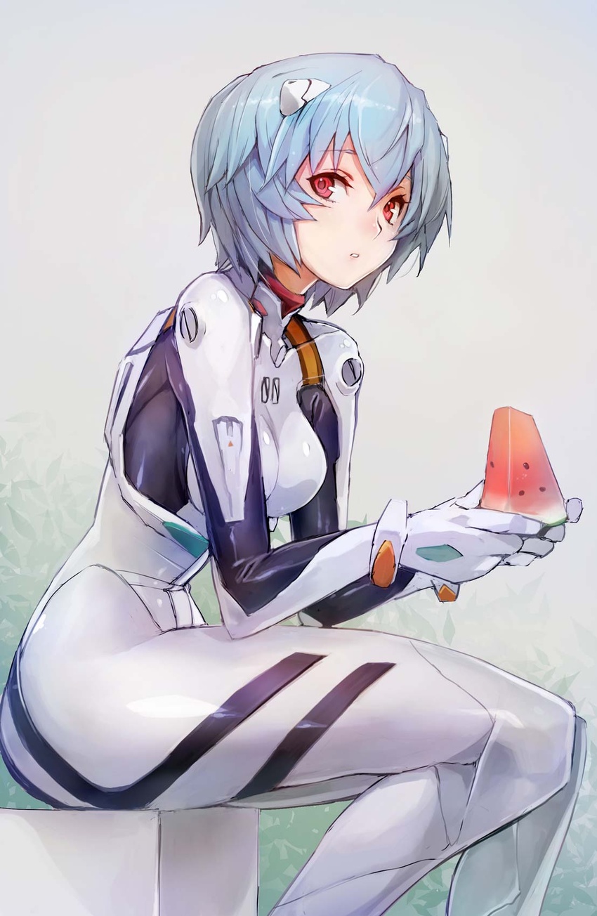 ayanami_rei blue_hair bodysuit breasts commentary duplicate female food fruit hair_between_eyes hair_ornament highres holding holding_food looking_at_viewer neon_genesis_evangelion pilot_suit pixel-perfect_duplicate plugsuit red_eyes science_fiction short_hair simple_background sitting solo taishi_(picchiridou) watermelon white_bodysuit