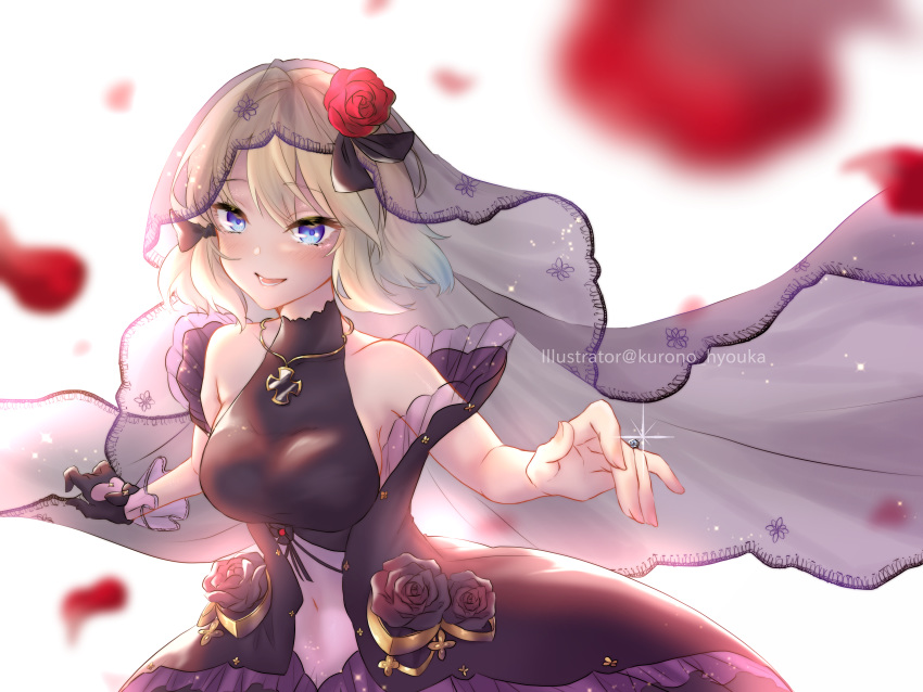 absurdres artist_name azur_lane bare_shoulders black_bow black_dress black_flower black_gloves black_rose blonde_hair blue_eyes blush bow bridal_veil clothing_cutout commentary_request cross dress falling_petals female flower gloves hair_flower hair_ornament hairbow highres iron_cross jewelry kurono_hyouka looking_at_viewer navel navel_cutout necklace official_alternate_costume open_mouth ornate_ring petals red_flower red_rose ring rose rose_petals short_hair sidelocks single_glove smile solo standing stomach twitter_username upper_body veil wedding_dress wedding_ring z23_(azur_lane) z23_(schwarze_hochzeit)_(azur_lane)