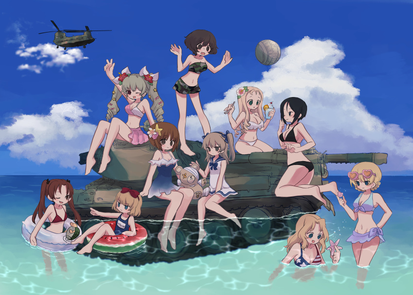 6+girls absurdres afloat aircraft akiyama_yukari american_flag american_flag_bikini american_flag_print anchovy_(girls_und_panzer) arm_up ball barefoot beachball bikini bikini_shorts bikini_skirt black_bikini blonde_hair blue_bikini blue_eyes blue_one-piece_swimsuit blue_ribbon blue_sarong blue_sky bob_cut boko_(girls_und_panzer) braid breasts brown_eyes camouflage camouflage_bikini camouflage_shorts ch-47_chinook chouno_ami cloud cloudy_sky commentary darjeeling_(girls_und_panzer) drill_hair emblem eyewear_on_head flag_print flower food_print front-tie_bikini_top front-tie_top girls_und_panzer green_bikini green_hair hair_flower hair_ornament hair_ribbon halterneck hand_on_own_hip heart heart-shaped_eyewear helicopter hibiscus highres horizon innertube kadotani_anzu katyusha_(girls_und_panzer) kay_(girls_und_panzer) kneeling light_brown_hair long_hair looking_at_another looking_at_viewer marie_(girls_und_panzer) medium_breasts medium_hair military_vehicle motor_vehicle multiple_girls name_tag navel nishizumi_miho ocean oerba_yun_fang old_school_swimsuit on_vehicle one-piece_swimsuit one_eye_closed one_side_up outdoors parted_bangs pink_bikini pink_flower playing pointing print_bikini red_bikini red_flower red_ribbon ri_(qrcode) ribbon sailor_collar sarong school_swimsuit shell_hair_ornament shimada_arisu short_hair shorts sitting skin_fang sky soaking_feet standing star_(symbol) star_hair_ornament starfish_hair_ornament strapless strapless_bikini stuffed_animal stuffed_toy sunglasses sweatdrop swim_ring swimsuit swimsuit_skirt tank teddy_bear turtleneck twin_braids twin_drills twintails type_74_(tank) watermelon_print waving white_bikini white_one-piece_swimsuit white_ribbon