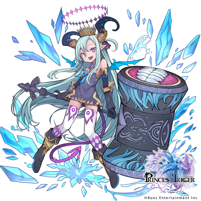 absurdres aqua_hair armor bare_shoulders black_footwear black_gloves blue_bow bow clenched_teeth copyright_name crown demon_wings elbow_gloves female gloves halo hammer highres holding holding_hammer holding_weapon horn_ornament horn_ring horns huge_weapon ice izayoi_cha mini_wings official_art open_mouth pointy_ears princess_trigger purple_eyes smile solo teeth thighhighs tongue upper_teeth_only vambraces water weapon white_background white_thighhighs wings