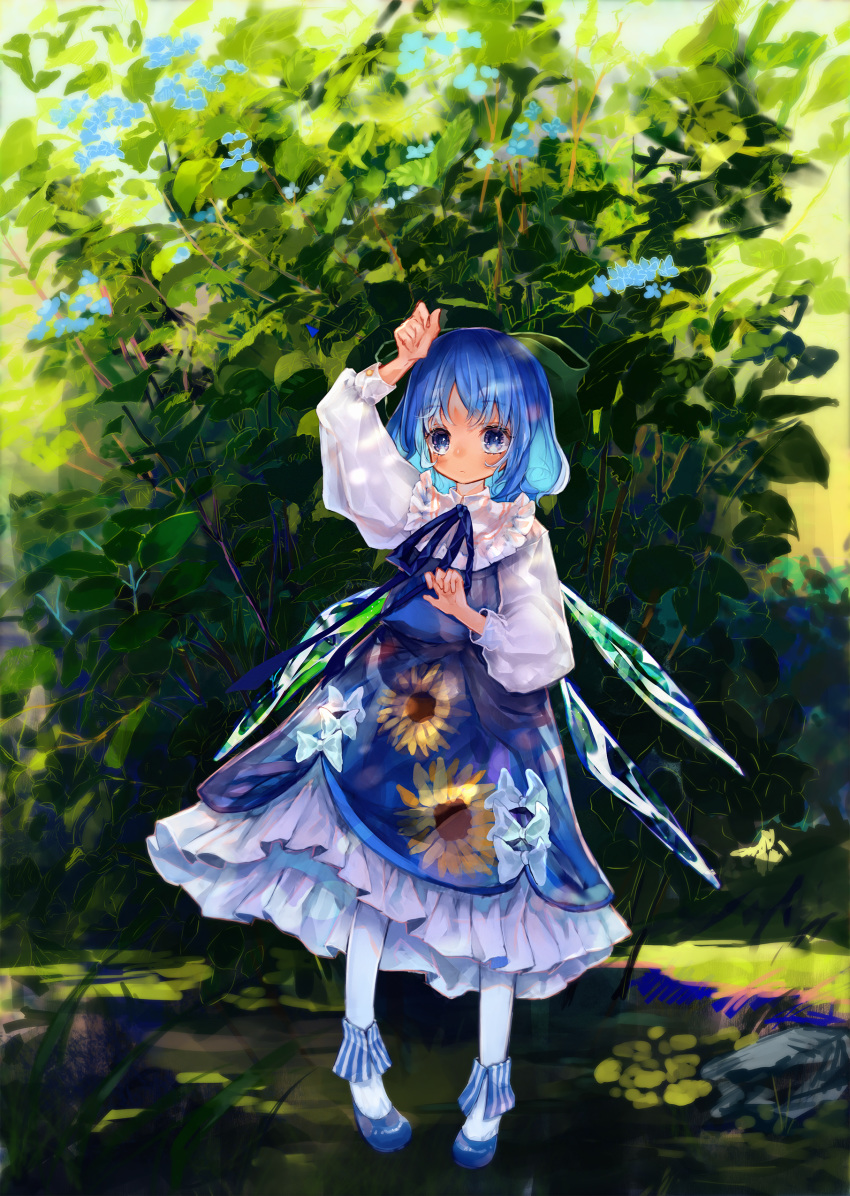 absurdres adapted_costume blue_dress blue_eyes blue_footwear blue_hair blue_ribbon bow cirno commentary_request day detached_wings dress female floral_print flower full_body green_background green_bow hairbow hand_up highres ice ice_wings long_sleeves neck_ribbon outdoors pantyhose plant puffy_sleeves ribbon shirt shoes short_hair solo sunflower_print touhou white_pantyhose white_shirt wings zhu_xiang