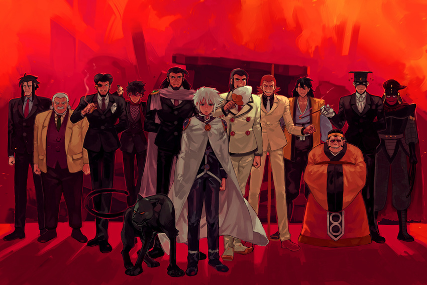 6+boys absurdres armor beard bell_of_life_juujouji big_fire black_hair chinese_clothes cigar commentary_request dazzling_cervantes direct_descendant_doki eyepatch fabulous_fitzgerald facial_hair formal giant_robo hamu_fukurou hanfu hanzui highres holding holding_smoking_pipe kawarazaki_the_stormy kiseru ko_enshaku mask mask_the_red moustache multiple_boys necktie scarf shockwave_alberto shokatsu_koumei_(giant_robo) short_hair smoking_pipe suit yuuki_the_twilight zangetsu_the_midday