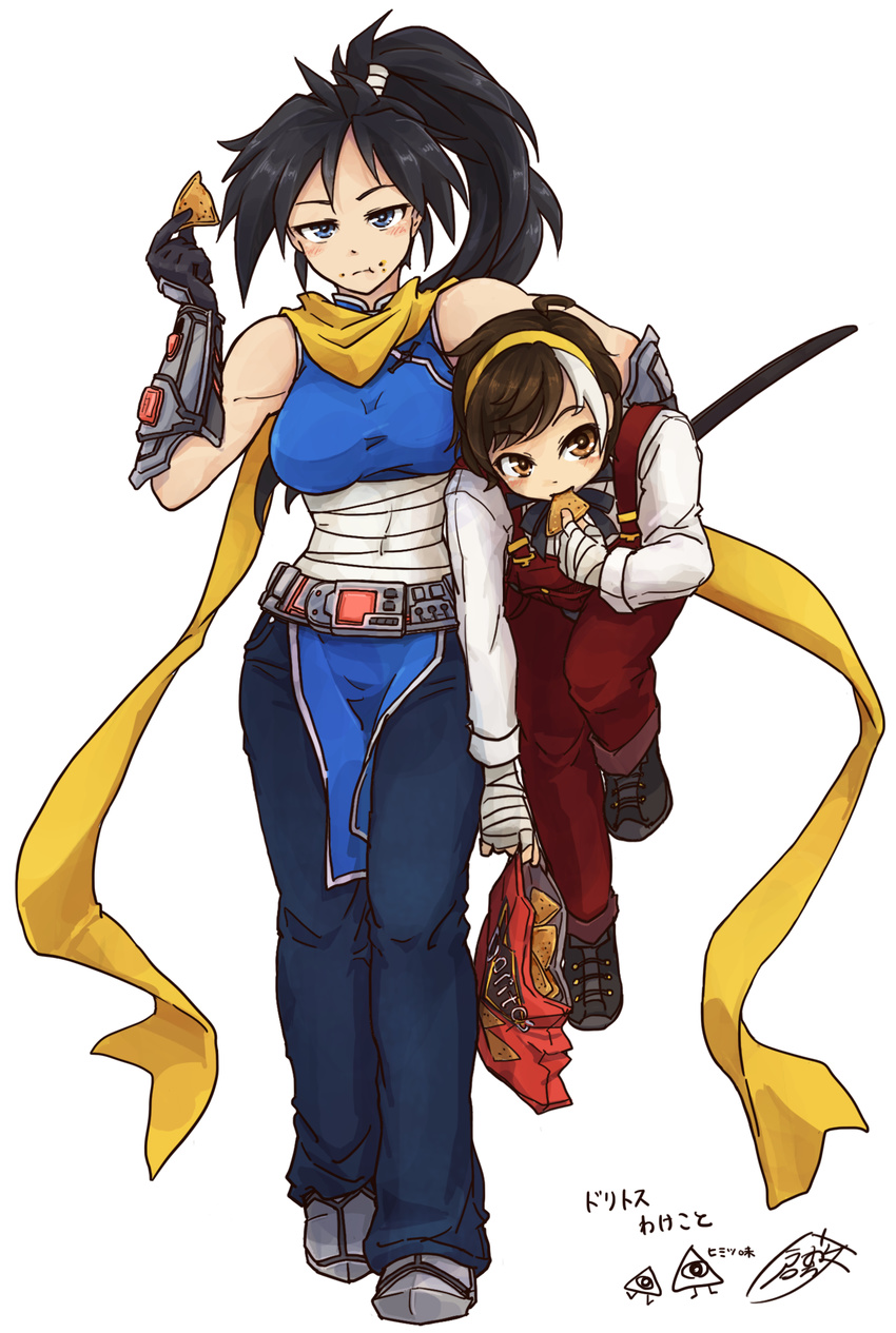 2girls :t black_hair blue_eyes breasts brown_eyes brown_hair carrying carrying_under_arm commentary_request demonsteele_(mod) doom_(series) doritos eating food food_on_face highres jun_hae-lin kurashiki_nanka large_breasts multiple_girls ponytail scarf short_hair sun_shi-hong