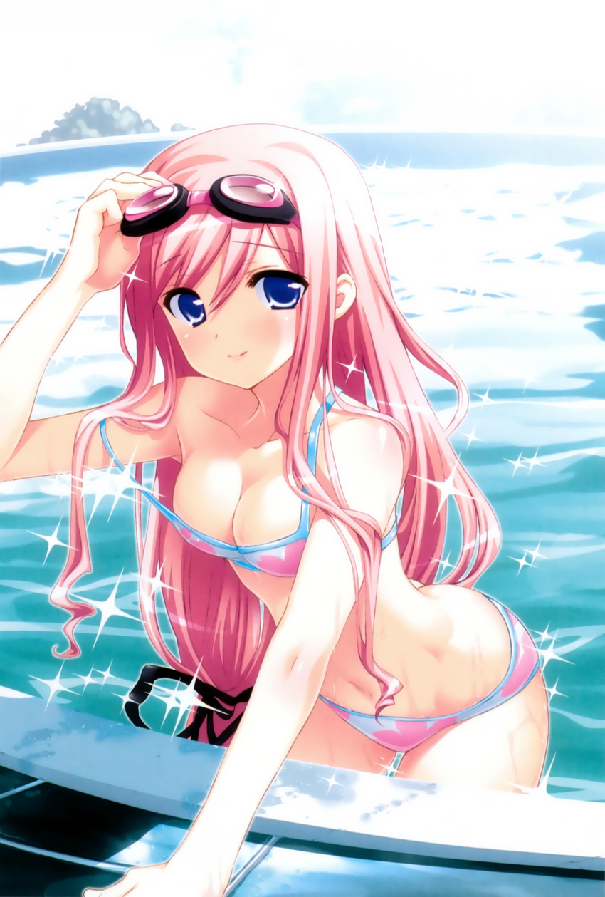 absurdres arm_support bikini blue_eyes breasts cleavage collarbone female floral_print goggles goggles_on_head highres kasukabe_akira leaning_forward long_hair medium_breasts navel pink_hair poolside print_bikini sakura_nanako sakura_sakura scan smile solo sparkle strap_slip swimsuit wading wet