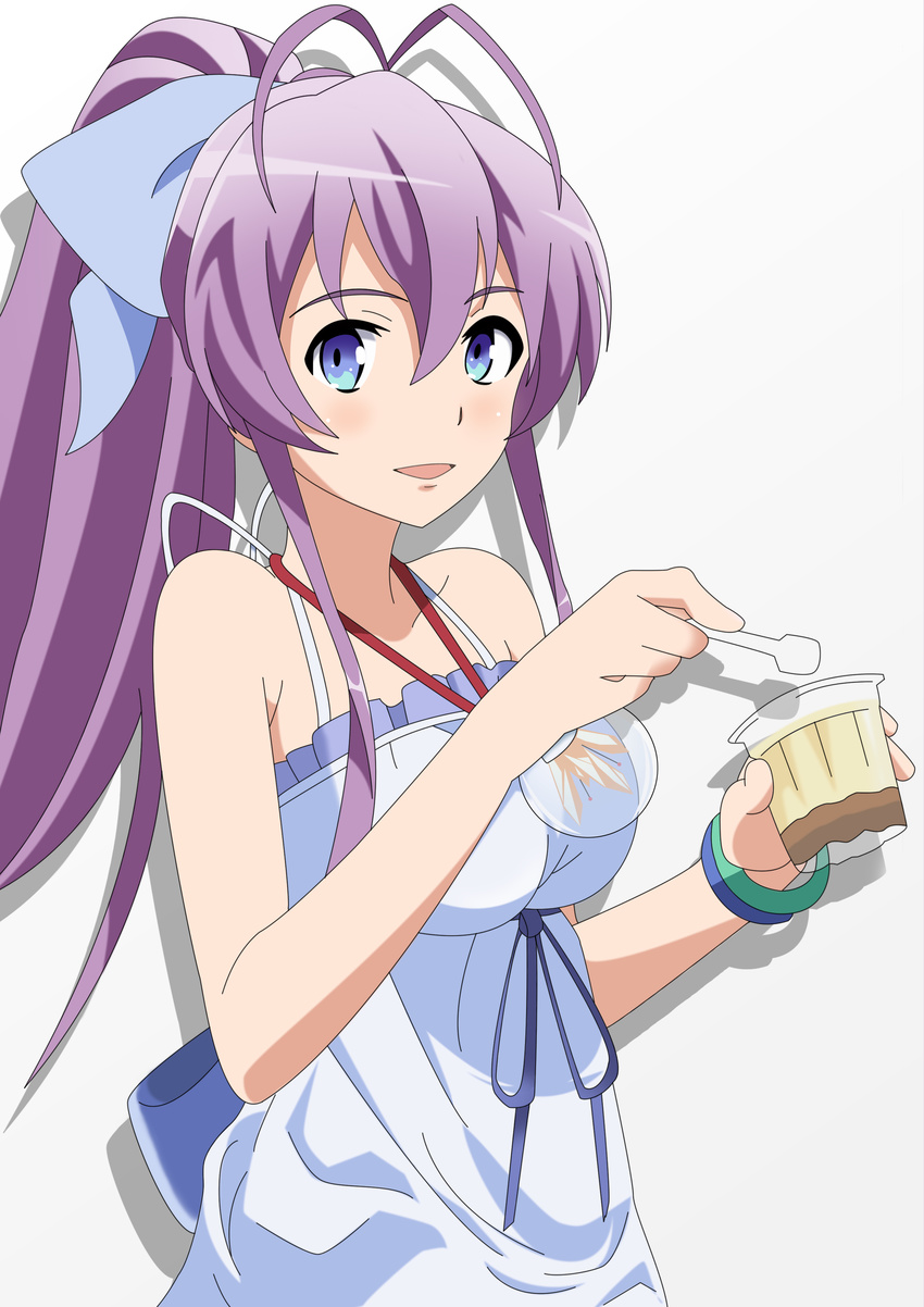 absurdres blue_eyes commentary_request female food hair_ribbon highres jewelry knightstar long_hair pendant photoshop_(medium) ponytail pudding purple_hair ribbon ryuugajou_nanana ryuugajou_nanana_no_maizoukin spoon