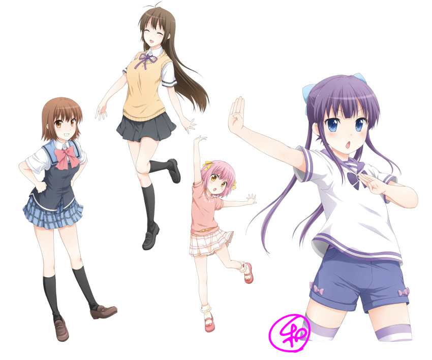 4girls arm_up black_legwear blue_eyes brown_hair closed_eyes commentary_request danchigai hair_ribbon hands_on_own_hips long_hair multiple_girls nakano_mutsuki nakano_satsuki nakano_uzuki nakano_yayoi open_mouth orange_eyes outstretched_arms pink_hair purple_eyes ribbon school_uniform short_hair shorts siblings twintails yoneda_kazusa