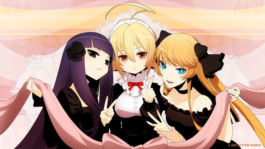 3girls ahoge amanohokosaka_mei black_dress black_eyes blazblue blonde_hair blue_eyes bow choker dress es_(xblaze) flower hair_between_eyes hair_flower hair_ornament highres higuchi_konomi kuon_gramred_shutleheim maid maid_headdress multiple_girls official_art orange_eyes orange_hair photoshop_(medium) pink_ribbon purple_hair red_ribbon ribbon xblaze xblaze_code:_embryo xblaze_lost:_memories