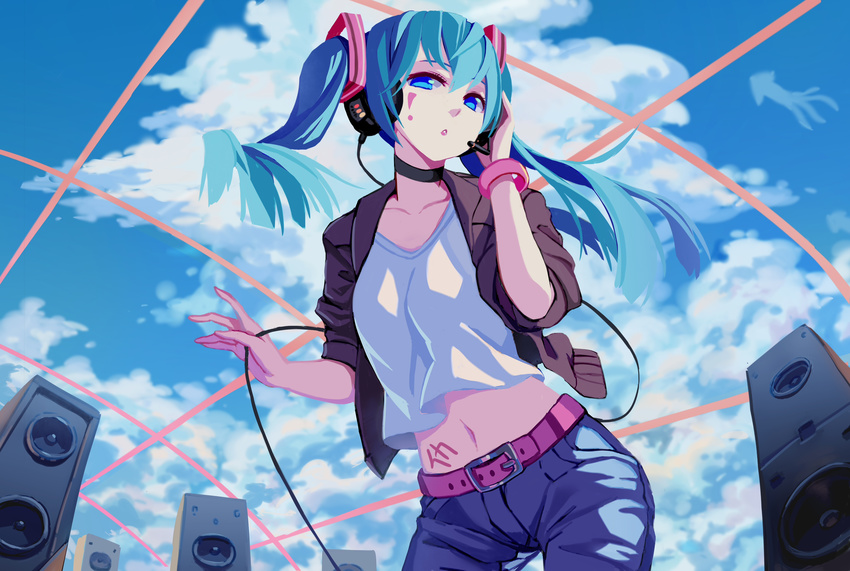 absurdres aqua_hair belt blue_eyes bracelet choker cloud commentary_request day female hatsune_miku headset highres jewelry long_hair midriff navel sky solo speaker twintails uusquid vocaloid