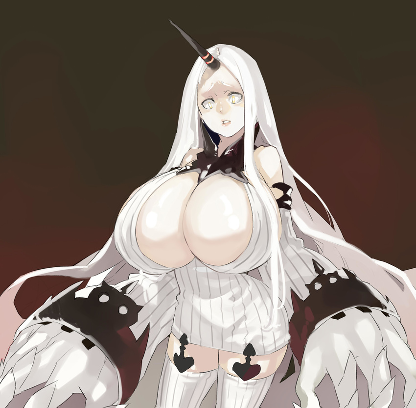 abyssal_ship bare_shoulders breasts brown_background claws cleavage commentary_request detached_sleeves dress female garter_straps gigantic_breasts highres horns kantai_collection lips long_hair muneneko ribbed_dress ribbed_legwear seaport_water_oni short_dress solo striped_clothes striped_thighhighs thighhighs thighs very_long_hair white_hair yellow_eyes zettai_ryouiki