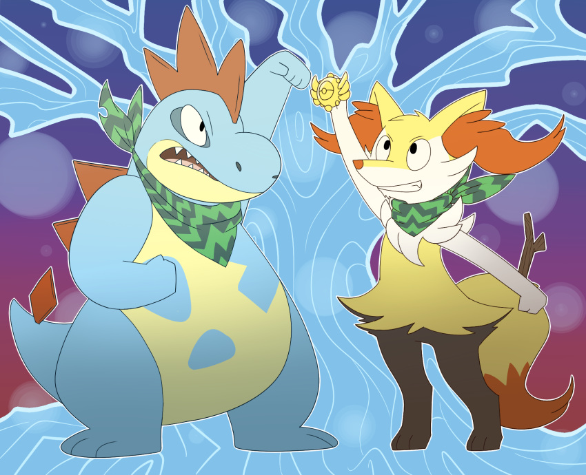 anthro braixen croconaw duo emblem generation_2_pokemon generation_6_pokemon glassesgator hi_res male nintendo pokemon pokemon_(species) pokemon_mystery_dungeon scarf spike_chunsoft standing team_(disambiguation) tree_of_life