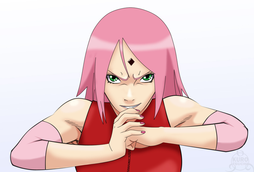 arm_warmers arms b45ya bangs bare_shoulders elbow eyebrows eyelashes facial_mark female female fingernails fingers fist forehead forehead_mark gradient gradient_background green_eyes grin hands hands_together lips looking_at_viewer nail_polish naruto naruto_shippuuden pink_hair red_shirt sakura_haruno shirt shoulders shueisha simple_background sleeveless sleeveless_shirt smile solo teeth upper_body