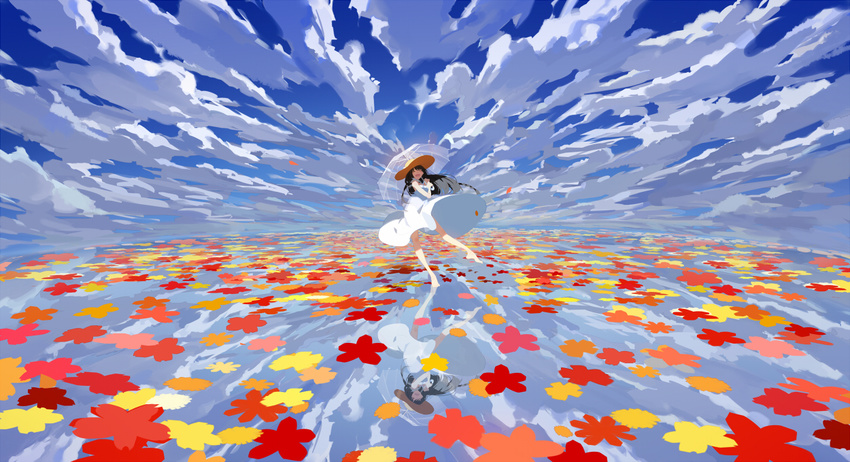 :d barefoot black_hair closed_eyes cloud commentary_request day dress female horizon leaf long_hair open_mouth original outdoors p0ckylo perfect_day_(supercell) reflection sky smile solo sundress supercell_(band) transparent transparent_umbrella umbrella white_dress