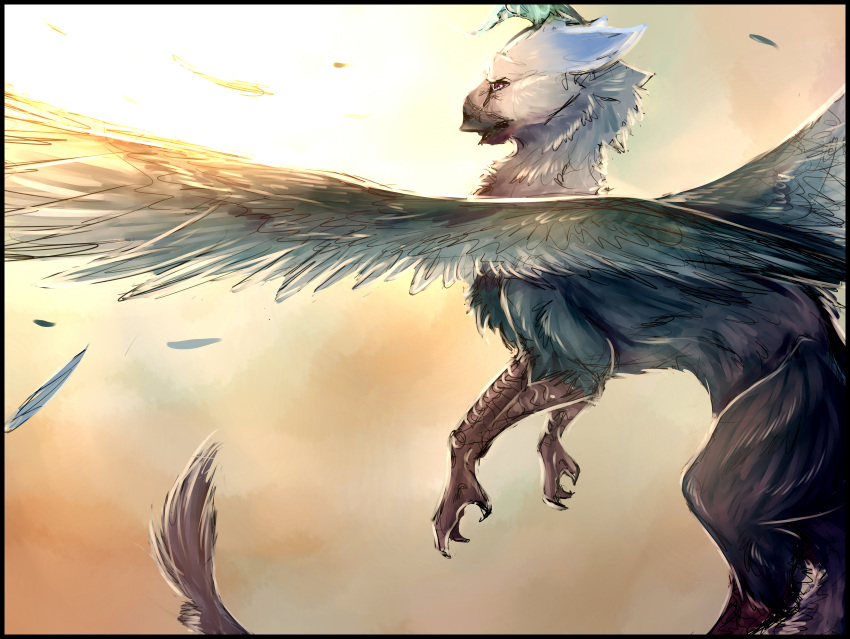 2017 absurd_res avian chimera digital_media_(artwork) feathered_wings feathers felid feline feral gryphon hi_res hybrid japan_studio_(game_developer) mammal mollish mythological_avian mythological_creature mythology solo sony_corporation sony_interactive_entertainment the_last_guardian trico_(species) trico_(the_last_guardian) wings