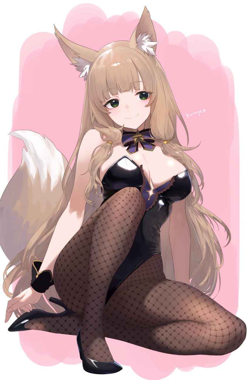 absurdres animal_ear_fluff animal_ears black_footwear black_leotard blunt_bangs breasts brown_hair brown_tail cleavage crossed_legs female fishnet_pantyhose fishnets fox_ears fox_girl fox_tail full_body green_eyes high_heels highleg highleg_leotard highres jungsungwoo leotard light_smile long_hair maho_(dream_park)_(princess_connect!) maho_(princess_connect!) medium_breasts pantyhose pink_background playboy_bunny princess_connect! signature sitting smile solo tail very_long_hair wrist_cuffs