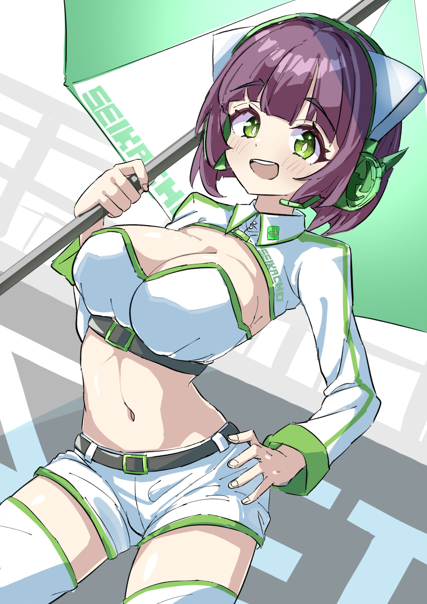 absurdres belt black_hair breasts female green_eyes hand_on_own_hip headphones highres holding holding_umbrella kyoumachi_seika large_breasts midriff navel open_mouth race_queen short_hair shorts syatiten thighhighs umbrella voiceroid