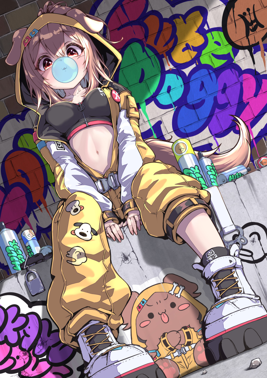 absurdres animal_ears between_legs black_sports_bra blowing_bubbles breasts brown_eyes brown_hair brown_tail chewing_gum commentary_request dog_ears dog_girl dog_tail ears_through_hood futo-inu graffiti hand_between_legs highres hololive hood hood_up hooded_jacket hoso-inu inugami_korone inugami_korone_(8th_costume) inugami_korone_(dog) jacket large_breasts listener_(inugami_korone) long_hair multicolored_clothes multicolored_jacket navel outdoors pants print_pants revision sitting sports_bra syam_illust tail two-tone_jacket virtual_youtuber white_footwear white_jacket yellow_jacket yellow_pants