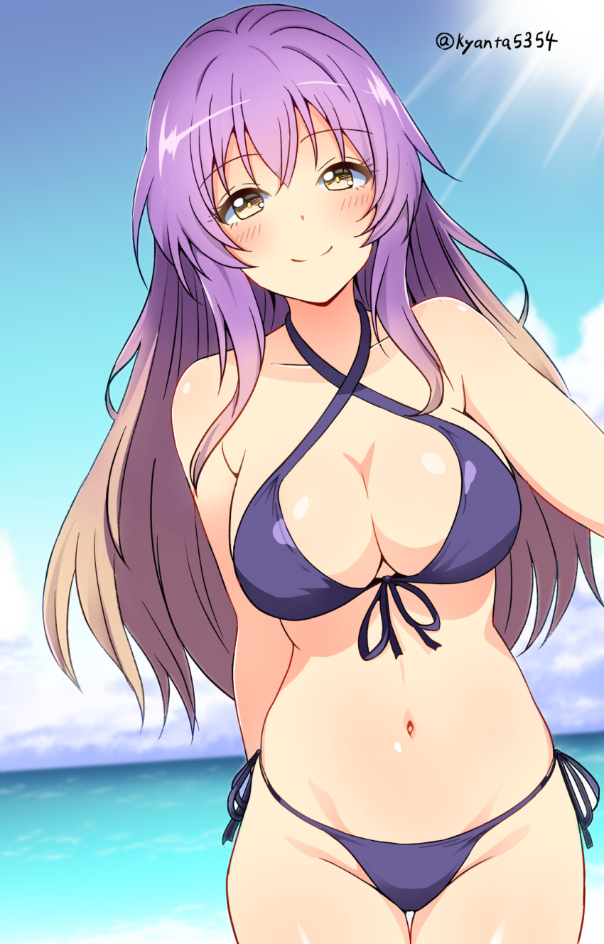 artist_name beach bikini blonde_hair blush_stickers breasts cleavage cloud cloudy_sky collarbone commentary_request cowboy_shot curvy dutch_angle female gradient_hair highres hijiri_byakuren kyanta5354 long_hair looking_at_viewer multicolored_hair navel outdoors partial_commentary purple_bikini purple_hair signature sky sling_bikini_top smile solo sunlight swimsuit thighs touhou