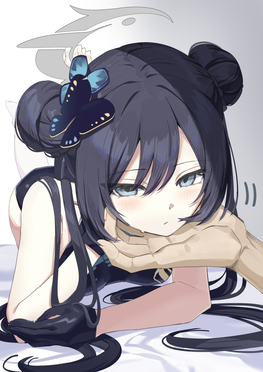 black_gloves black_hair blue_archive braid braided_bun breasts butterfly_hair_ornament china_dress chinese_clothes double_bun dress female gloves grey_eyes grey_halo hair_bun hair_flowing_over hair_ornament halo hand_on_another's_chin hand_on_own_chin highres kisaki_(blue_archive) legs_up long_hair lying nyori on_bed on_stomach print_dress scratching_chin small_breasts stroking_another's_chin twintails