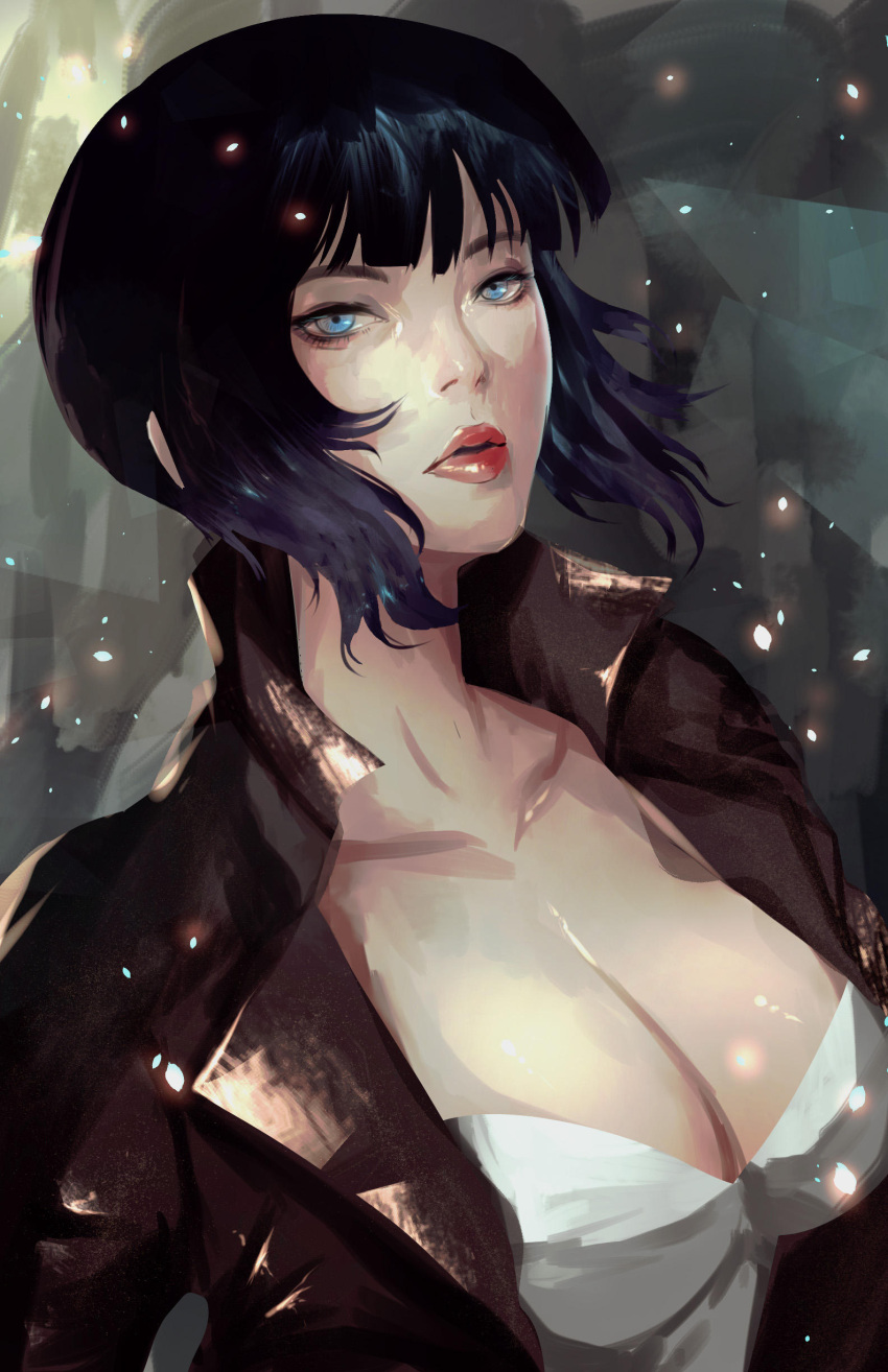 absurdres black_hair blue_eyes breasts brown_jacket female ghost_in_the_shell highres jacket kusanagi_motoko leotard looking_at_viewer medium_breasts open_clothes open_jacket portrait short_hair solo strapless strapless_leotard uliel white_leotard