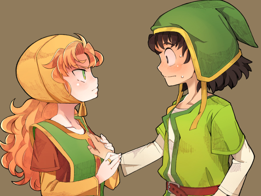 1boy assertive_female black_eyes black_hair blush bonnet breasts bright_pupils brown_background closed_mouth commentary couple dragon_quest dragon_quest_vii dress eye_contact female grabbing_another's_breast green_eyes green_hat groping guiding_hand hand_on_another's_chest hat hero_(dq7) highres jewelry long_hair looking_at_another maribel_(dq7) medium_breasts medium_hair nervous_sweating ring straight sweat sweatdrop upper_body white_pupils wide-eyed yellow_bonnet yucopi