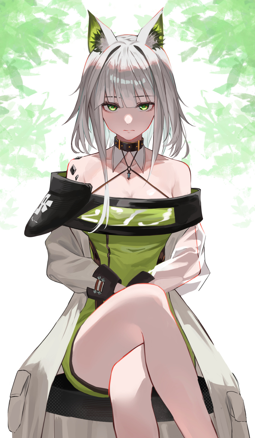 absurdres animal_ear_fluff animal_ears arknights bare_legs bare_shoulders black_choker breasts cat_ears cat_girl choker cleavage closed_mouth coat crossed_legs dress female green_dress green_eyes green_hair highres kal'tsit_(arknights) lab_coat looking_at_viewer material_growth medium_breasts off-shoulder_dress off_shoulder on_chair oripathy_lesion_(arknights) puranetto_(vjun4748) sitting solo white_coat white_dress