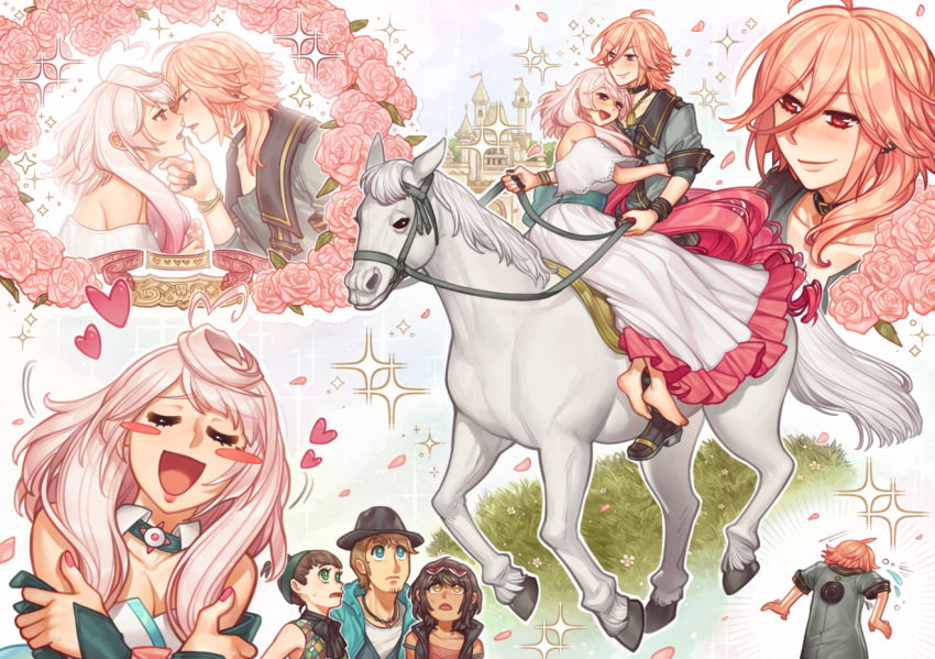 1other 2boys 3girls ahoge barefoot blonde_hair blue_eyes blush breasts bruno_(vocaloid) castle clara_(vocaloid) cleavage closed_eyes closed_mouth commentary couple dress english_commentary facial_hair flower green_eyes hair_bun hands_on_own_arms heart heart_ahoge hiomaika horse imagining imminent_kiss long_hair maika_(vocaloid) medium_hair motion_lines multiple_boys multiple_girls multiple_views off_shoulder ona_(vocaloid) pink_flower pink_nails pink_rose red_eyes riding rose short_hair smirk sneezing sparkle straight sweatdrop vocaloid white_dress white_hair white_streaks yellow_eyes yohioloid