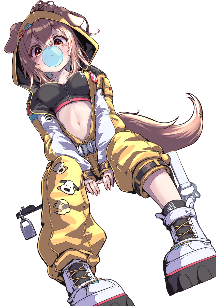 absurdres animal_ears between_legs black_sports_bra blowing_bubbles breasts brown_eyes brown_hair brown_tail chewing_gum commentary_request dog_ears dog_girl dog_tail ears_through_hood futo-inu hand_between_legs highres hololive hood hood_up hooded_jacket hoso-inu inugami_korone inugami_korone_(8th_costume) jacket large_breasts listener_(inugami_korone) long_hair multicolored_clothes multicolored_jacket navel pants print_pants sitting sports_bra syam_illust tail transparent_background two-tone_jacket virtual_youtuber white_footwear white_jacket yellow_jacket yellow_pants