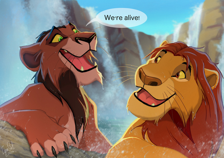 brown_eyes claws clothed clothing dialogue disney duo eye_contact felid feral green_eyes lion looking_at_another male mammal mufasa open_clothing open_shirt open_topwear outside pantherine reallynxgirl scar_(the_lion_king) shirt speech_bubble the_lion_king topwear water waterfall wet yellow_sclera