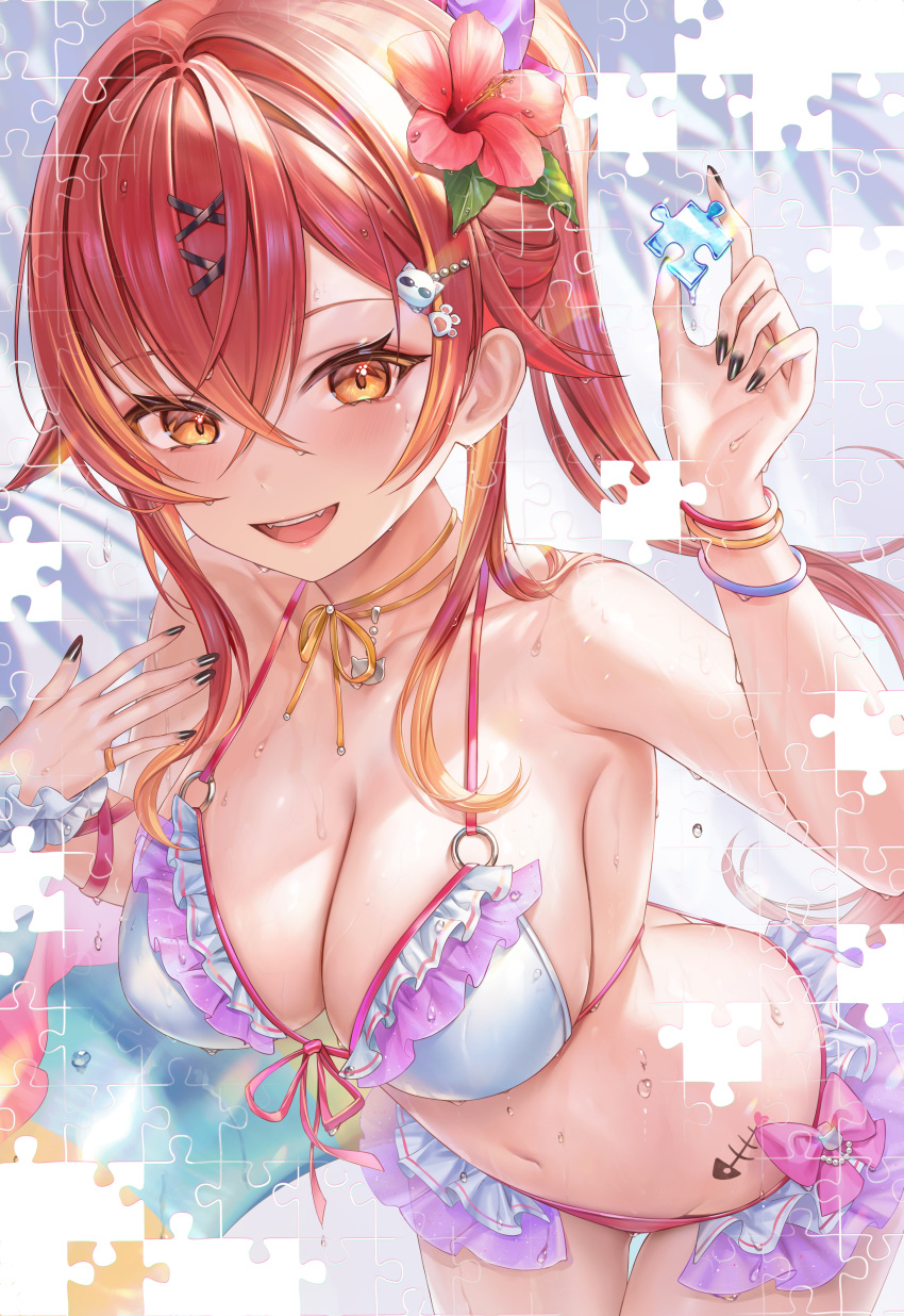 absurdres arm_up armpits bare_shoulders bikini breasts choker cleavage cowboy_shot fangs female flower frilled_bikini frills front-tie_bikini_top front-tie_top hair_flower hair_ornament halterneck hand_up hibiscus highres large_breasts leaning_forward long_hair looking_at_viewer multicolored_hair navel nekota_tsuna open_mouth orange_choker orange_eyes ponytail puzzle_piece red_bikini red_hair ribbon_choker smile solo standing stomach streaked_hair string_bikini swimsuit two-tone_bikini vspo! wet white_bikini x_hair_ornament yahiro_(heartseek000)