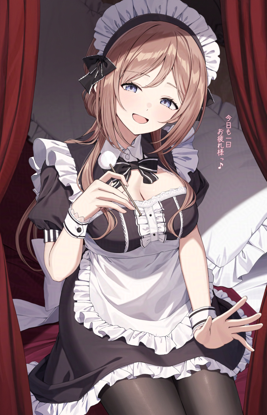 absurdres alternate_costume apron black_dress black_pantyhose blush breasts brown_hair cleavage cleavage_cutout clothing_cutout commentary_request dress enmaided female frilled_apron frills gakuen_idolmaster highres himesaki_rinami idolmaster kurousagi_yuu lap_pillow_invitation looking_at_viewer maid maid_apron maid_headdress medium_breasts mimikaki pantyhose puffy_short_sleeves puffy_sleeves short_sleeves sitting smile solo white_apron wrist_cuffs