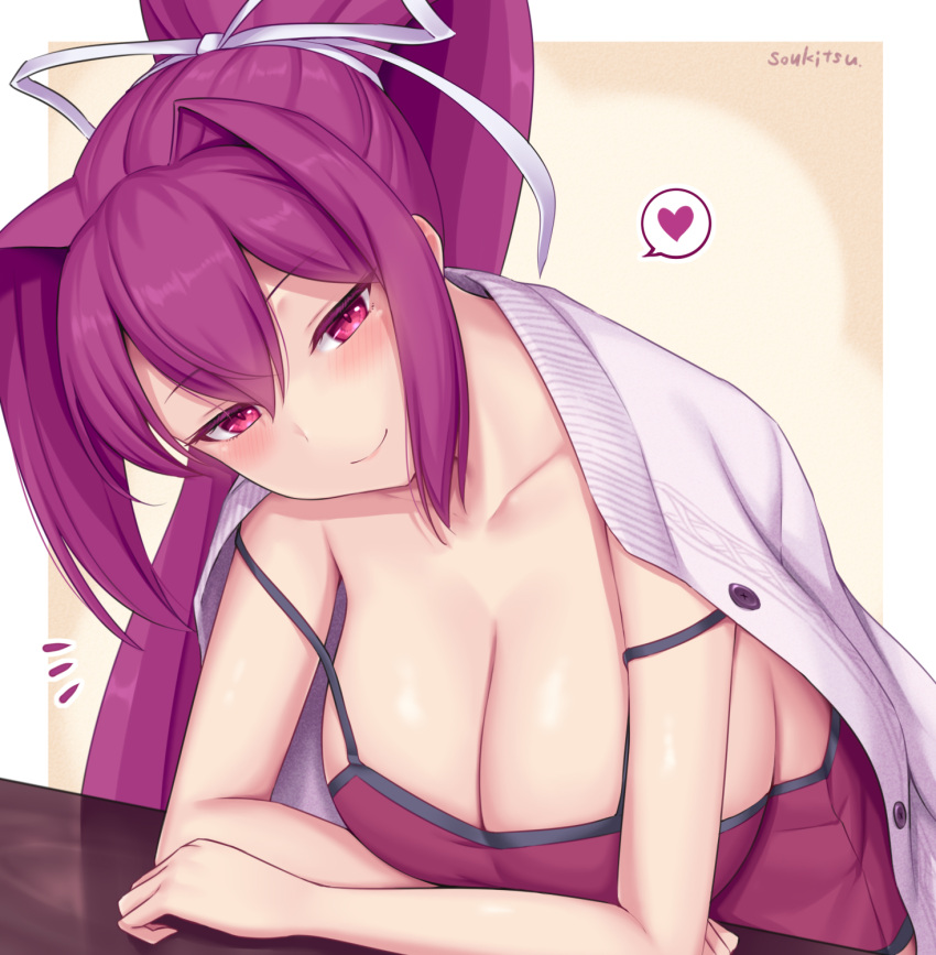 artist_name bare_shoulders blush breasts camisole cleavage collarbone female hair_between_eyes hair_intakes hair_ribbon heart highres jacket jacket_on_shoulders large_breasts long_hair looking_at_viewer ponytail purple_hair red_eyes ribbon smile solo soukitsu under_night_in-birth very_long_hair white_jacket yuzuriha_(under_night_in-birth)