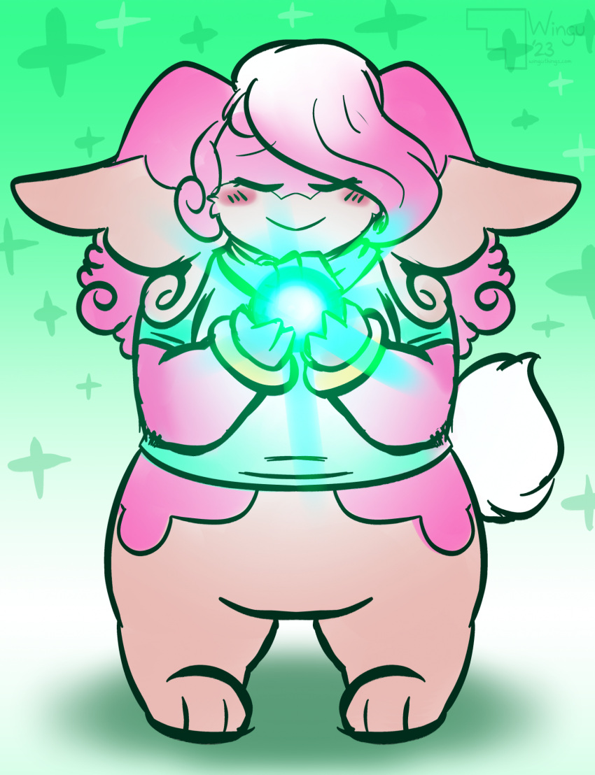 anthro audino drop_shadow female generation_5_pokemon glowing_orb gradient_background green_background hi_res magic melody_amaranth nintendo plus_sign pokemon pokemon_(species) simple_background solo super_lesbian_animal_rpg trans_(lore) trans_woman_(lore) winguthings