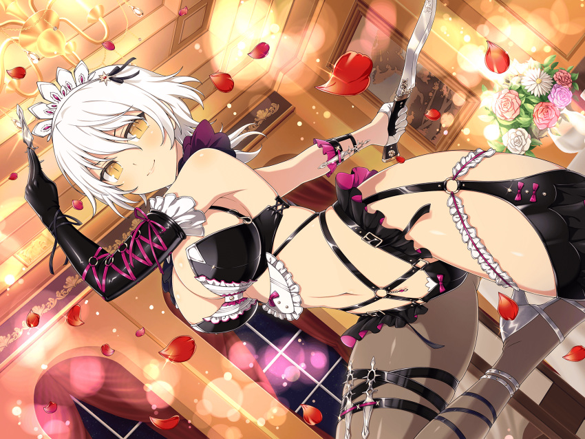 apron asymmetrical_gloves asymmetrical_legwear blush bouquet breasts chandelier cleavage closed_mouth falling_petals garter_straps gloves high_heels highres holding holding_knife indoors knife lace lace_trim large_breasts maid maid_apron mismatched_gloves mismatched_legwear miyabi_(senran_kagura) night official_alternate_costume official_alternate_hairstyle official_art petals rose_petals senran_kagura senran_kagura_new_link single_leg_pantyhose slit_pupils smile throwing_knife unconventional_maid weapon white_hair yaegashi_nan yellow_eyes