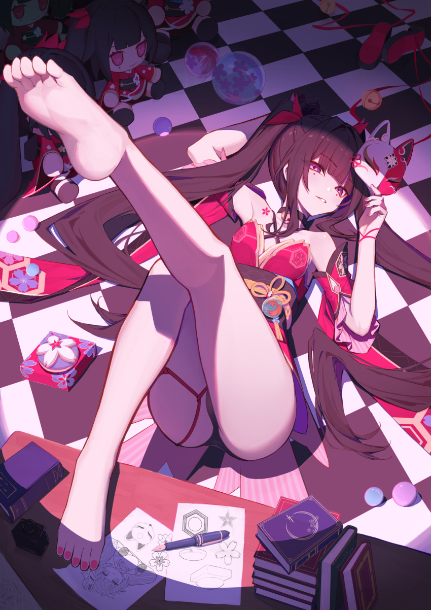 arm_up ball bare_legs bare_shoulders barefoot bell book book_stack bow breasts brown_hair checkered_floor circle_facial_mark commentary criss-cross_halter detached_sleeves dress facial_mark feet female flower_tattoo fox_mask hairbow halterneck highres holding holding_mask honkai:_star_rail honkai_(series) hukw inkwell japanese_clothes legs long_hair looking_at_viewer lying mark_under_both_eyes mask medium_breasts multiple_hair_bows nail_polish neck_bell on_back paper parted_lips pen red_bow red_dress red_eyes red_nails red_sleeves short_sleeves shoulder_tattoo soles solo sparkle_(doll)_(honkai:_star_rail) sparkle_(honkai:_star_rail) tattoo toenail_polish toenails toes twintails unworn_footwear very_long_hair