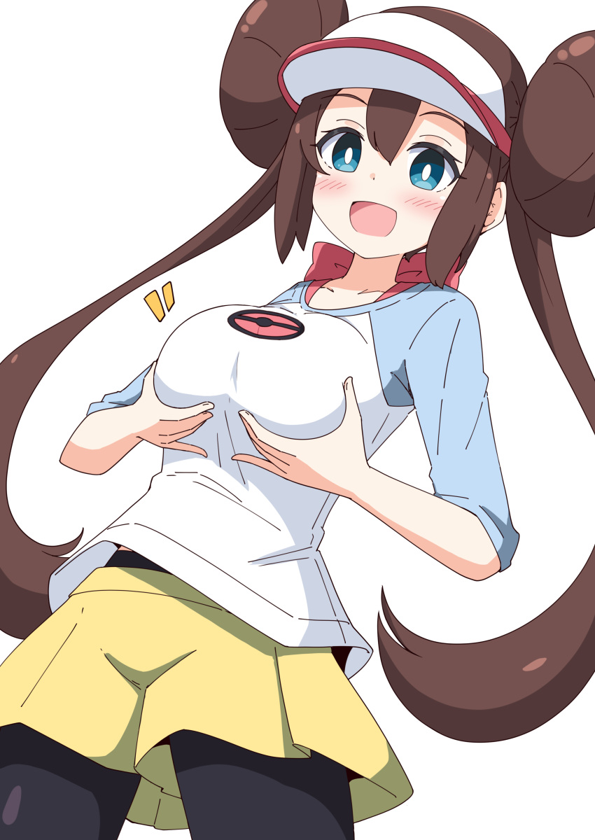 :d absurdres aikawa_ryou black_pantyhose blue_eyes blush breast_lift breasts brown_hair commentary_request double_bun female hair_between_eyes hair_bun hat highres long_hair looking_at_viewer medium_breasts notice_lines pantyhose pantyhose_under_shorts pokemon pokemon_bw raglan_sleeves rosa_(pokemon) shirt short_shorts short_sleeves shorts simple_background smile solo twintails very_long_hair visor_cap white_background white_hat white_shirt yellow_shorts