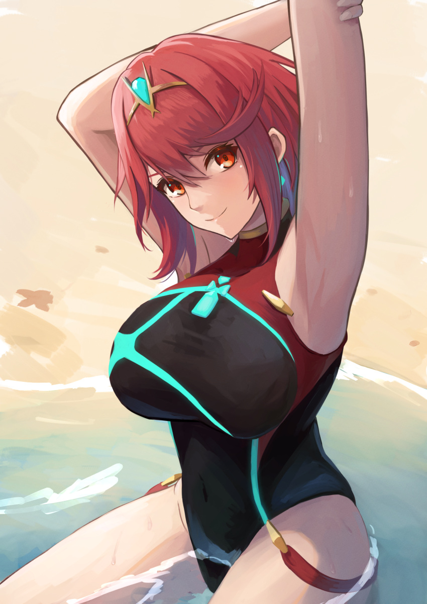 armpits arms_up bare_shoulders beach black_one-piece_swimsuit blurry breasts chest_jewel core_crystal_(xenoblade) covered_navel earrings eyelashes female highleg highleg_one-piece_swimsuit highres impossible_clothes impossible_swimsuit jewelry labebebe_lee large_breasts looking_at_viewer medium_hair on_ground one-piece_swimsuit outdoors partially_submerged pyra_(pro_swimmer)_(xenoblade) pyra_(xenoblade) red_eyes red_hair sand shadow short_hair sidelocks sitting smile solo swept_bangs swimsuit thighs tiara water xenoblade_chronicles_(series) xenoblade_chronicles_2