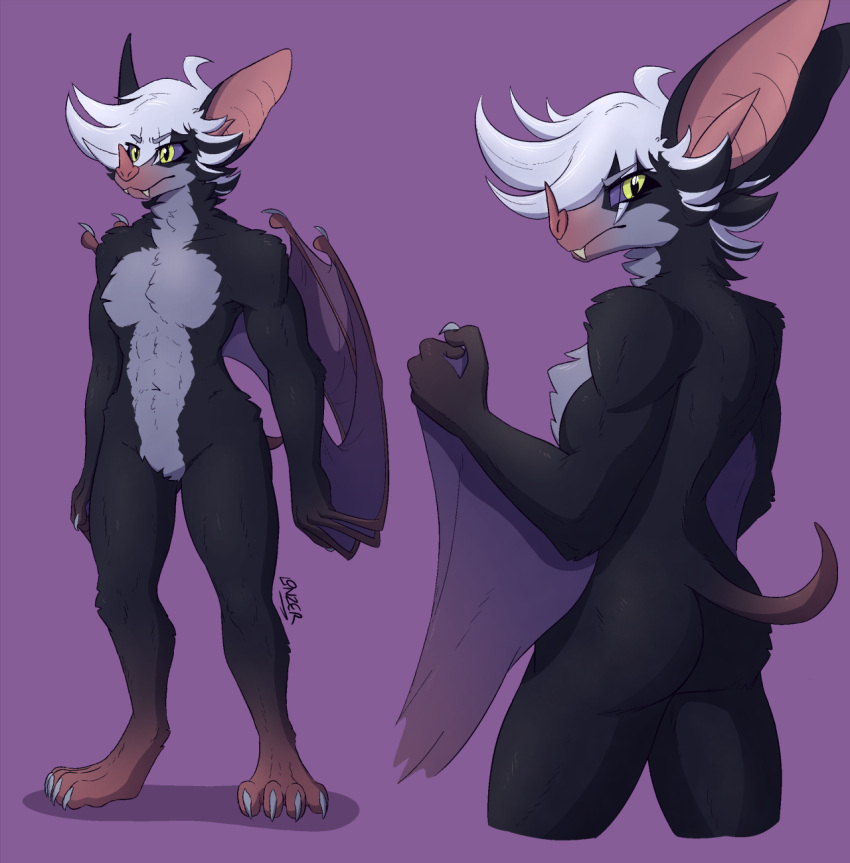 2024 4_toes 5_fingers abs ankle_tuft anthro arm_tuft ass bat biceps big_ears black_body black_fur butt_pose calf_tuft chest_tuft claws countershading crotch_tuft dark_sclera elbow_tuft fangs featureless_chest featureless_crotch feet female fingers flat_chested flexing fluffy frown fur greenlinzerd grey_body grey_fur hair hi_res knee_tuft leaf-nosed_bat leg_tuft looking_at_viewer looking_back looking_back_at_viewer mammal membrane_(anatomy) membranous_wings microbat multiple_images muscular muscular_anthro muscular_female muscular_thighs navel neck_tuft nude pink_snout pose purple_background shoulder_tuft signature simple_background small_tail solo tail teeth toes tuft vespera_(greenlinzerd) webbed_hands were werebat white_hair winged_arms wings yangochiropteran yellow_eyes