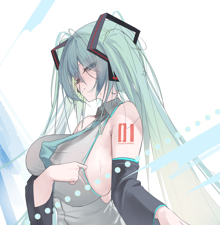 a_fangfang_fang_fang absurdres aqua_hair art_study bare_shoulders black_sleeves blue_necktie breasts character_name closed_mouth clothes_pull collared_shirt commentary_request detached_sleeves female green_eyes grey_shirt hatsune_miku highres huge_breasts long_hair looking_at_viewer necktie shirt shirt_pull sideboob sleeveless sleeveless_shirt smile solo squinting twintails upper_body very_long_hair vocaloid