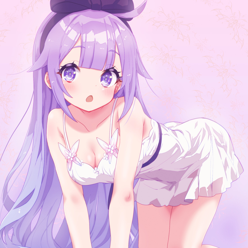 ahoge all_fours arbiter1 azur_lane breasts cleavage dress empire_waist female hair_ribbon highres long_hair looking_at_viewer official_alternate_costume open_mouth purple_eyes purple_hair ribbon simple_background sleeveless sleeveless_dress unicorn_(azur_lane) unicorn_(icy-sweet_storytime)_(azur_lane) white_dress