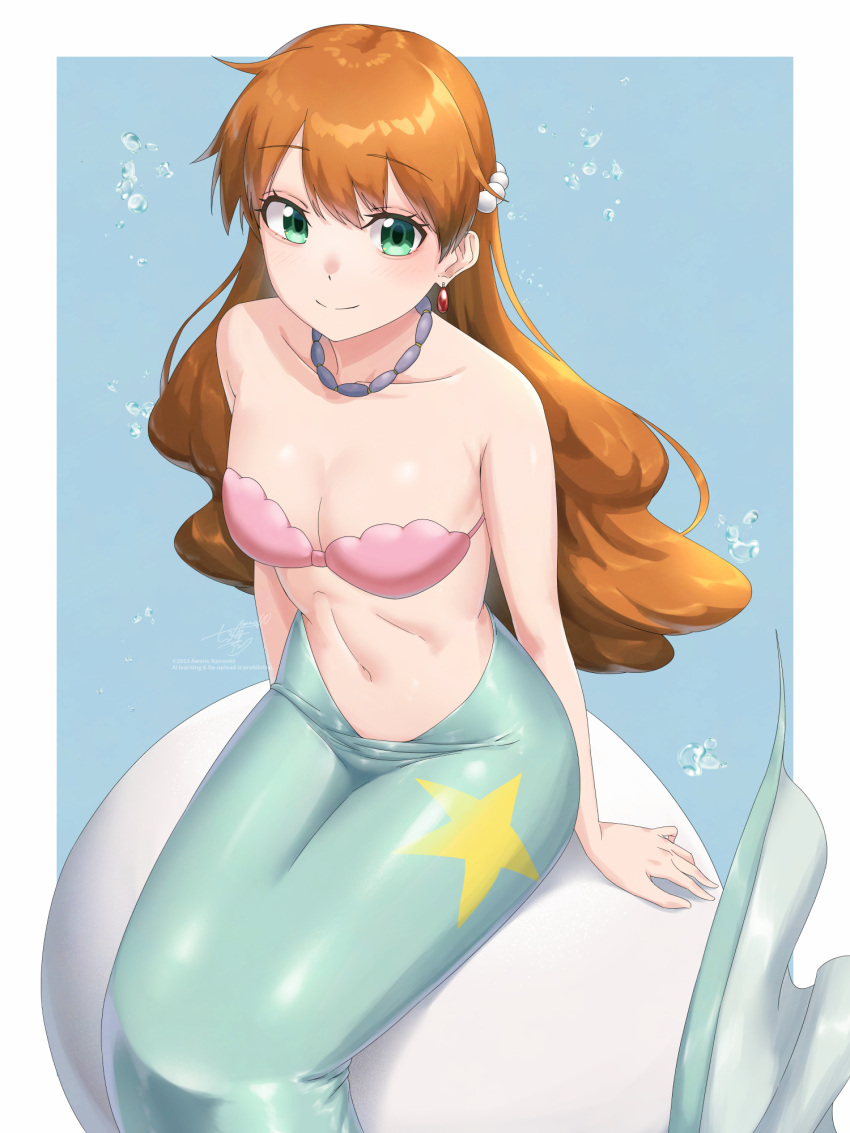 awono_nanaumi bikini blue_background breasts closed_mouth collarbone commentary_request commission female green_eyes highres kasumi_(pokemon) long_hair mermaid_costume navel orange_hair pink_bikini pokemon pokemon_(anime) pokemon_(classic_anime) shell shell_bikini simple_background sitting skeb_commission smile solo swimsuit